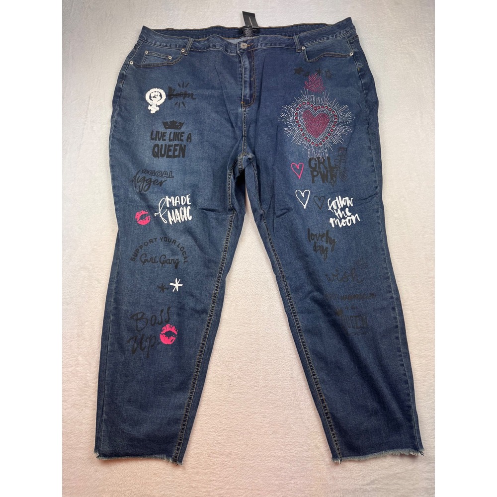Ashley Stewart Womens Size 32 Graffiti Print Rhinestone Raw Hem Denim Jeans Blue